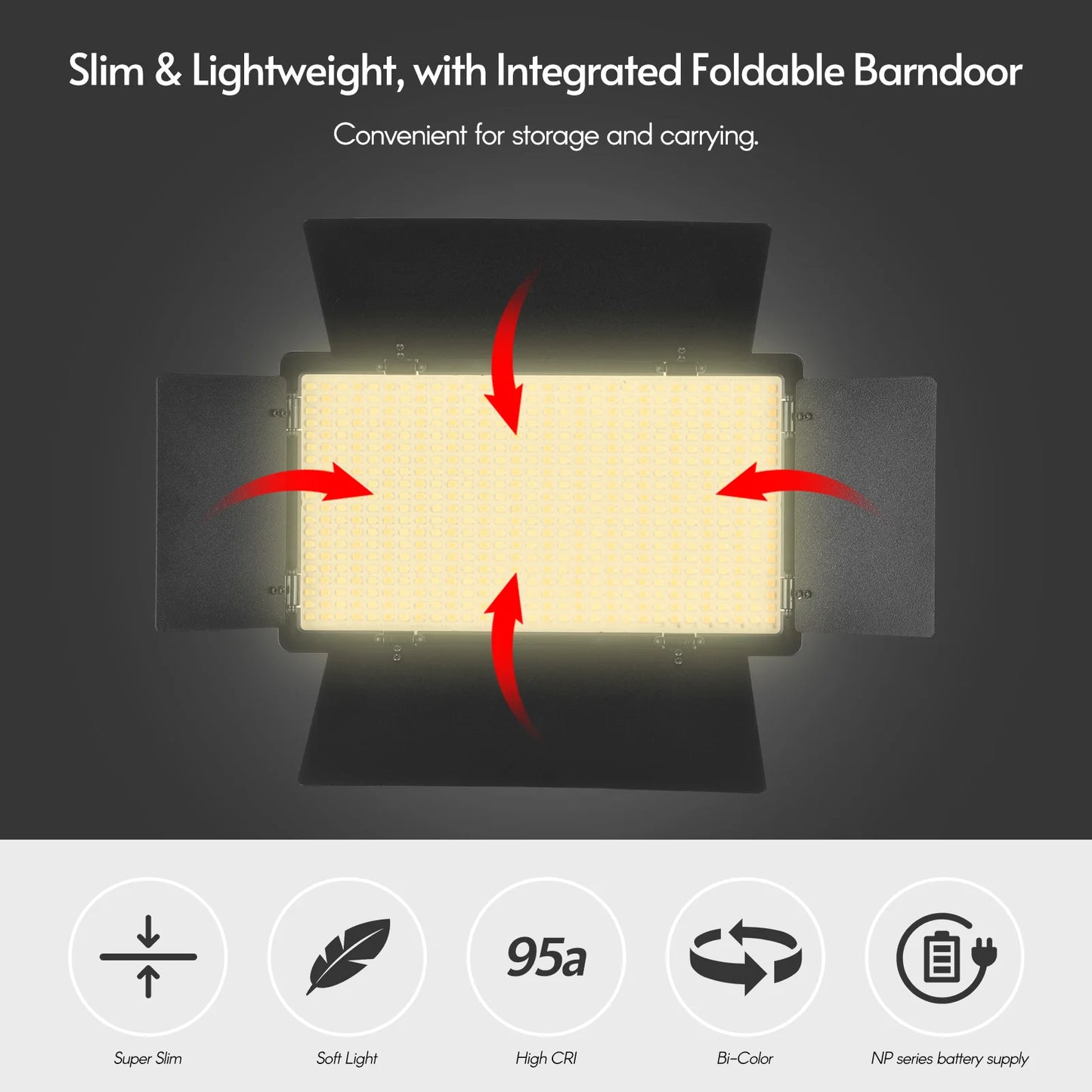 Andoer LED-600 LED 3200-5600K Video Light Photography Light Panel with Barndoor 1/4 Inch Screw Ball Head for Photography Studio