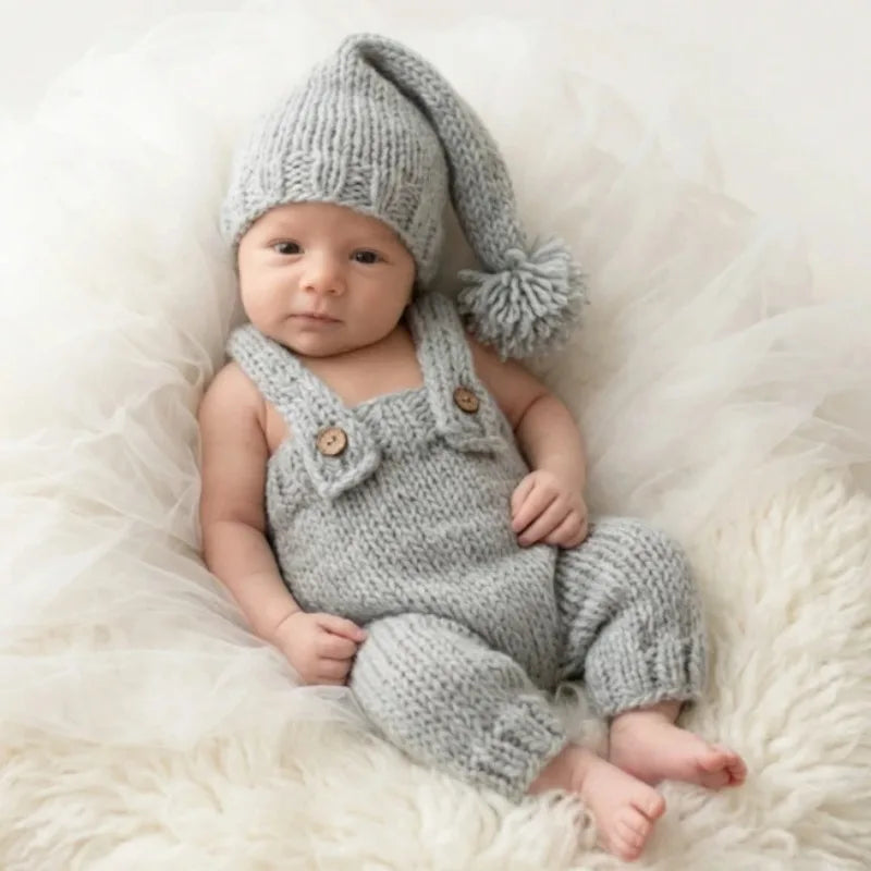 2pcs Newborn Baby Photography Props Knitted Romper Hat Set Handmade Photo Shoot Outfit Infant Studio Accessories Clothes