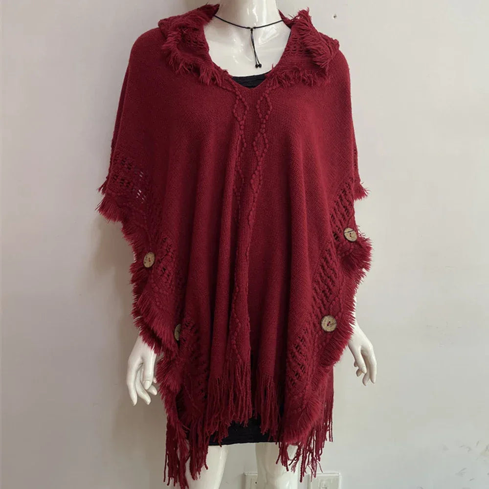 Women Knitted Cape Shawl Wrap Cloak Ethnic Hooded Poncho Hoody Jumper Sweater Tassels Dropshipping