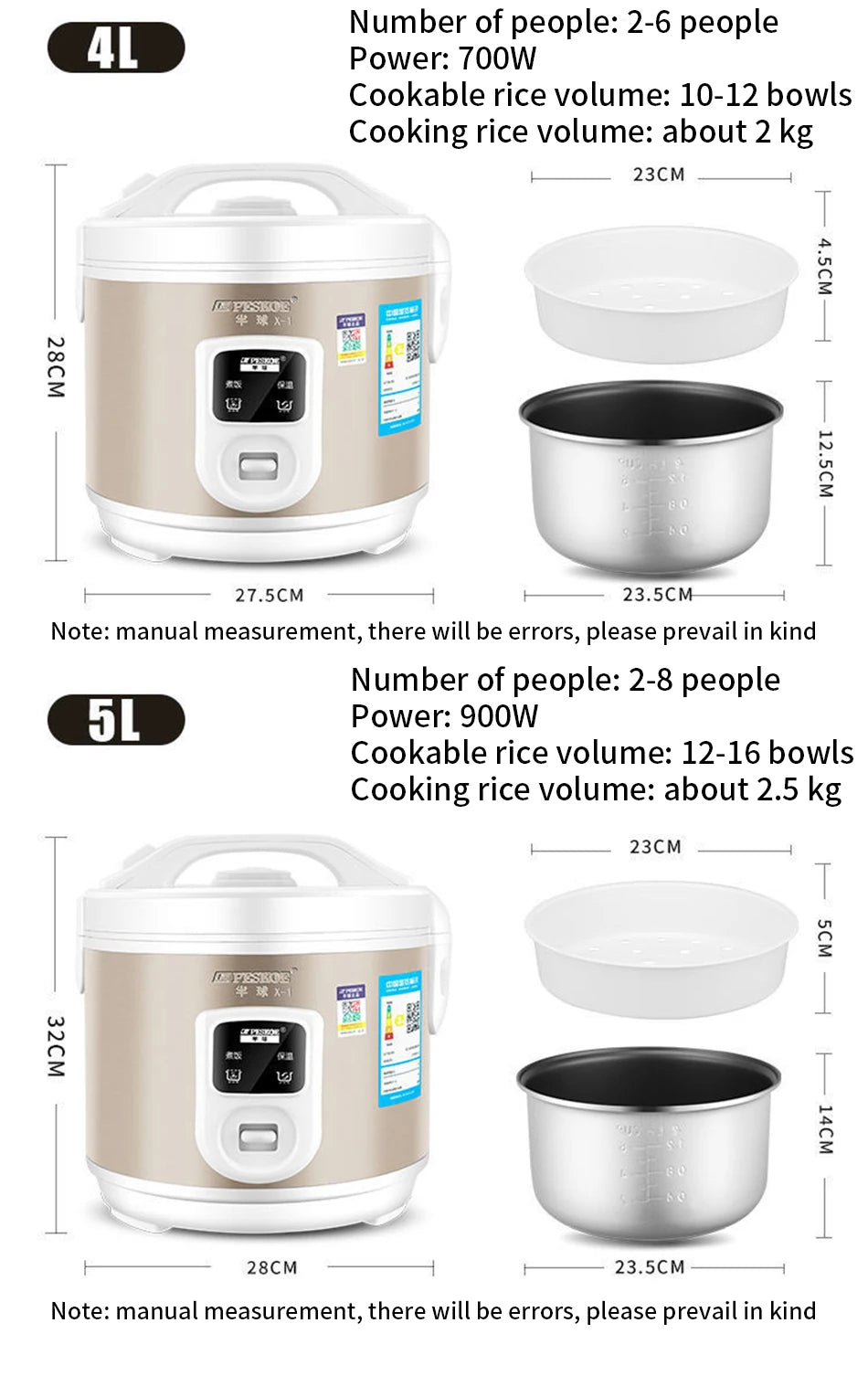 Peskoe Mini Rice Cooker Non-Stick Surface Old-Fashioned 1-2-3 Person Multi-Function Household Cooking Appliance 2L 3L 4L 5L