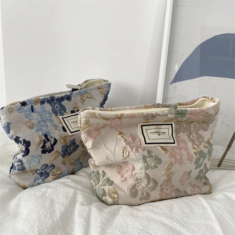 Cosmetic Bag Women Floral Makeup Case Organizer Korean Embroidery Cosmetic Pouch Travel Toiletry Bag Corduroy Canvas Beauty Case