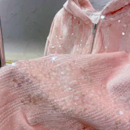 Fashion Pink Casual Suit for Women Autumn Winter New Gold Velvet Sequins Pearl Embroidery Sweatshirt Sports Pants Two-Piece Sets