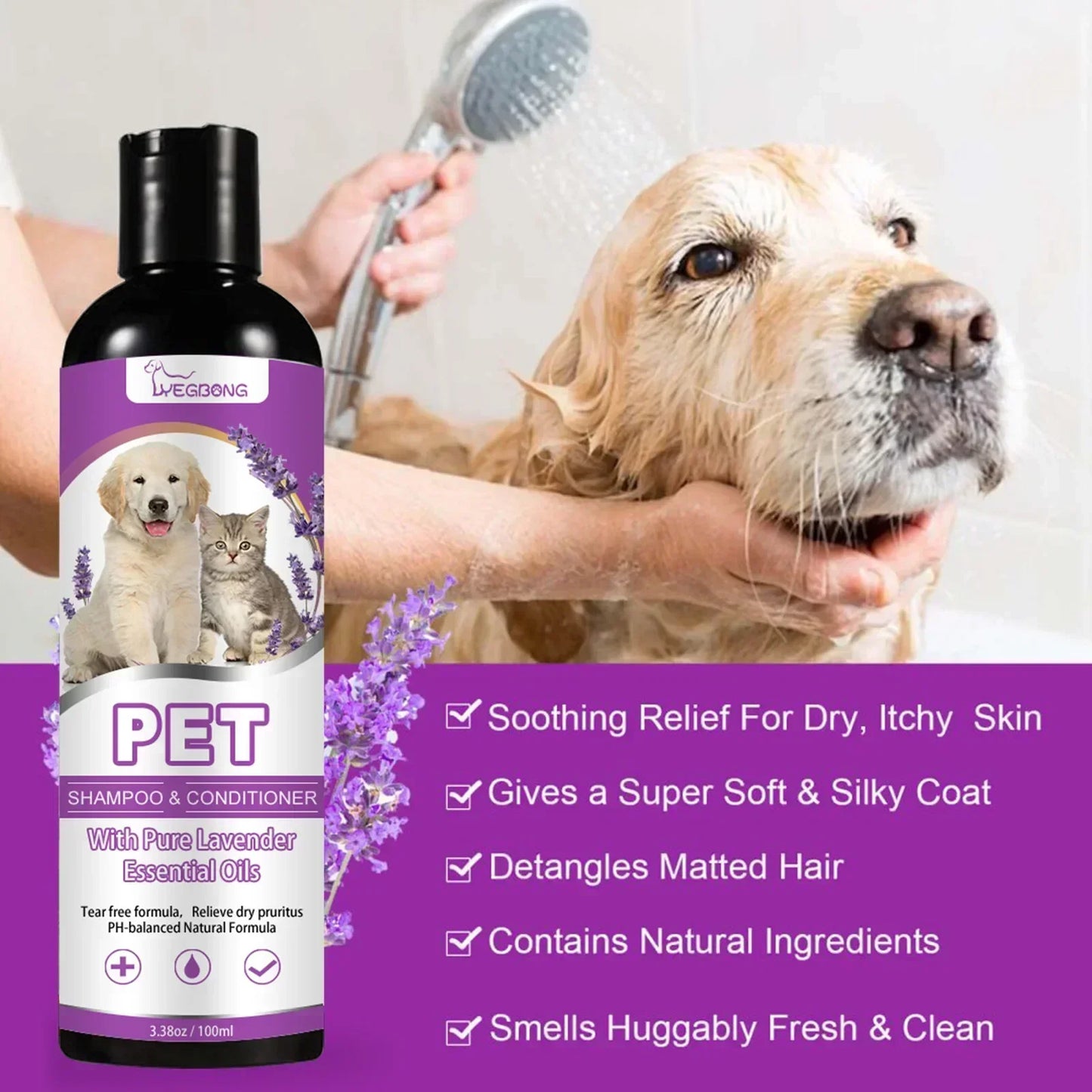 Pet Shampoo and Conditioner with Pure Lavender Essential Oils Tear Free Formula for Dogs andCats pH Balanced Gentle Groom 100ml
