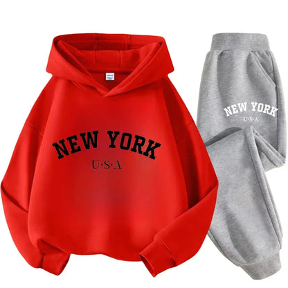 Autumn Warm New York Letter Cool Graphic Print Children Long Sleeve Hoodie +pant Suit 2pcs Set Sweatshirt Boy Girl Kid Sportwear