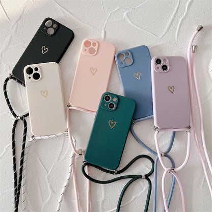 Crossbody Lanyard Silicone Phone Case For iPhone 15 14 11 12 13 Pro Max Mini 8 7 6 Plus 10 X Xr Xs Max SE 2020 Love Heart Cover