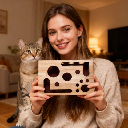 Interactive Frosted Wooden Cat Maze Toy Pet Treat Dispenser Puzzle Box Cat Enrichment Plaything Kitten Foraging Game Feeder