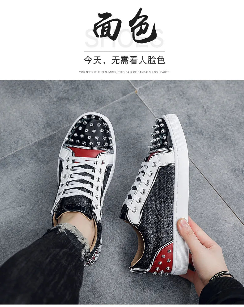 New Fashion Silver Trainers Glitter Spiky Shoes Men Lace Up Sneakers Low Top Shoes Red Sole Man Designer Sneaker With Spikes