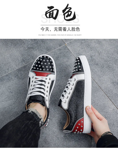 New Fashion Silver Trainers Glitter Spiky Shoes Men Lace Up Sneakers Low Top Shoes Red Sole Man Designer Sneaker With Spikes
