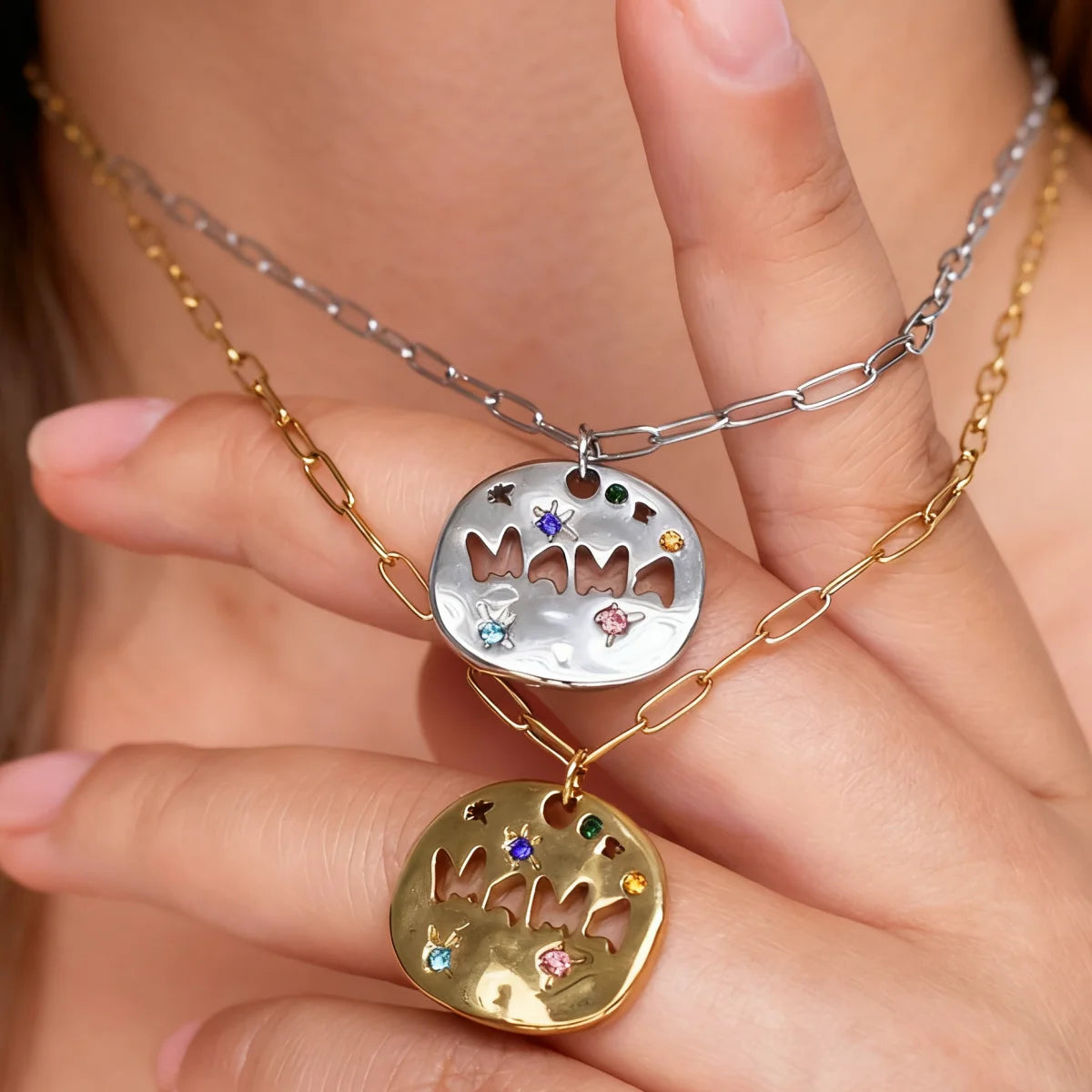 Mother's Day Thanksgiving Pendant Necklace Colorful Full Zircon Irregular Round Letter Mama Stainless Steel Paperclip Necklace