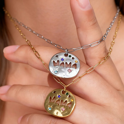 Mother's Day Thanksgiving Pendant Necklace Colorful Full Zircon Irregular Round Letter Mama Stainless Steel Paperclip Necklace