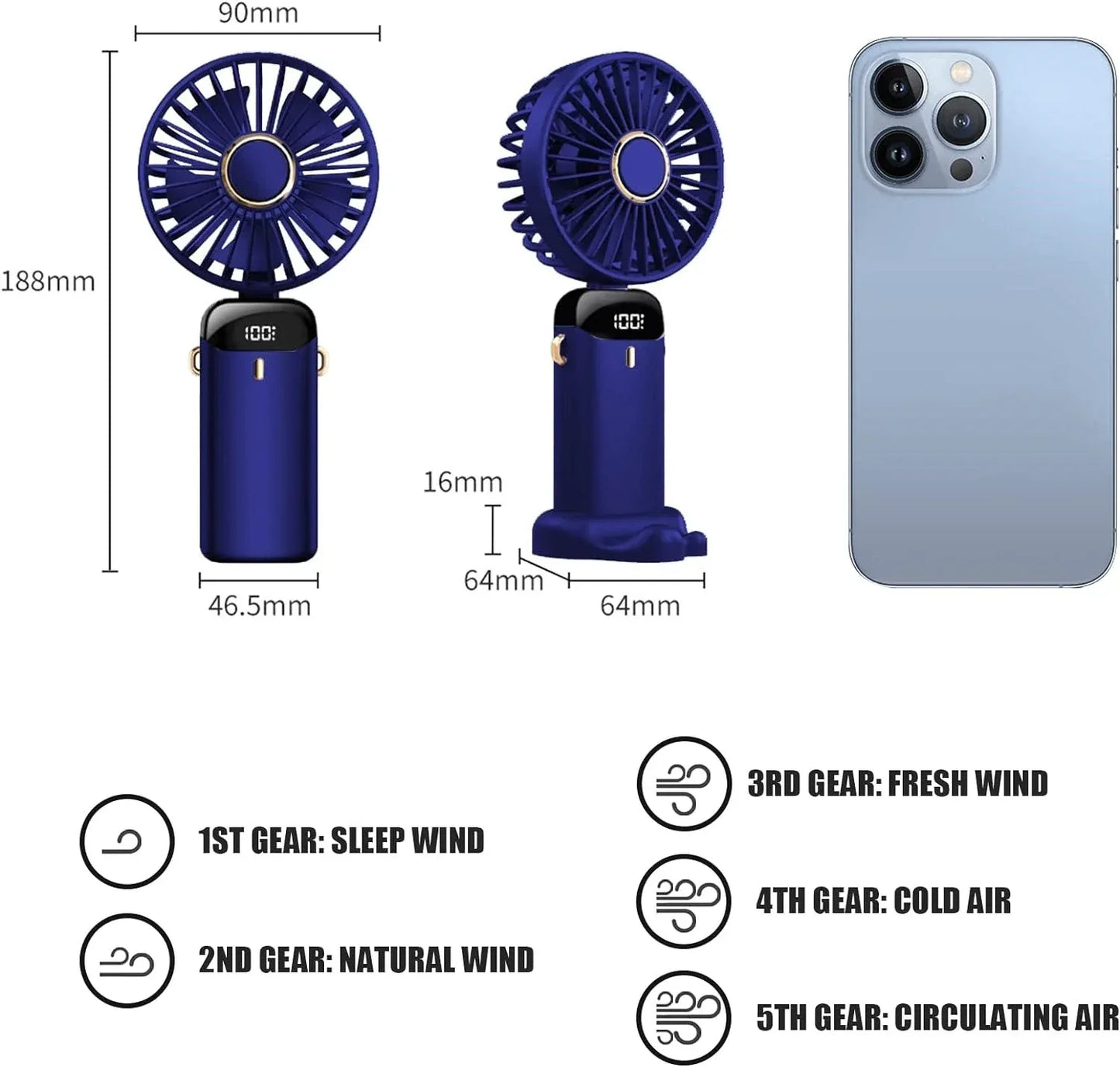 Handheld Fan,Foldable Desk Desktop Type-C Rechargeable Fans with Lanyard and Base, Mini Fan with LED Display 4000mAh