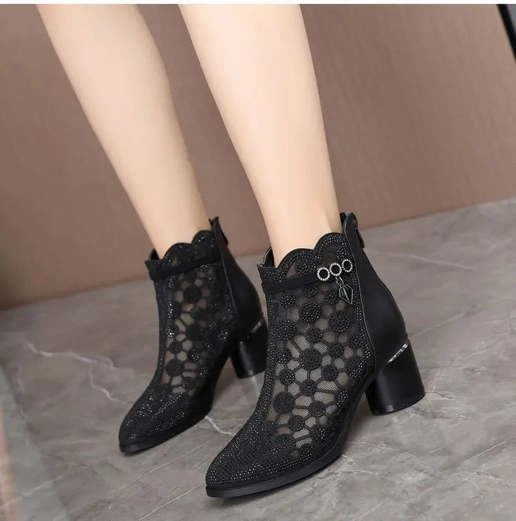 2025 Spring Summer Fashion Rhinestones Gauze Sandals Thick Heels Mesh Autumn Ankle Boots Female Hollow Women's Shoes