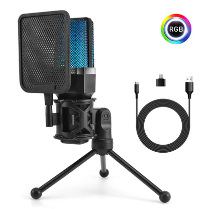 Professional Microphone Condenser Gaming Mic PC Laptop Computer USB Wired Streaming Studio Podcast Mike Kit Gamer RGB PC Karaoke