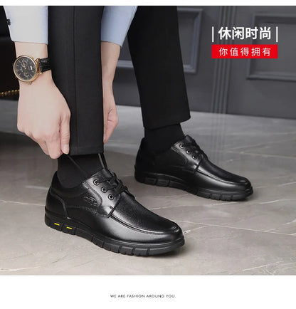 Autumn Men's Leather Shoes True Cowhide Flat Bottom Anti-Slip Plus Size Casual Elderly Father Shoes Rubber Sole China Made