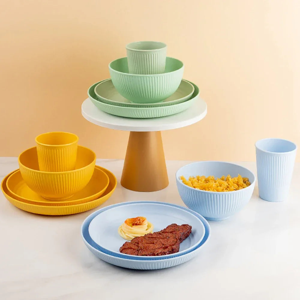 Colourful Wheat Straw Cutlery Set 4Pcs Bowl Cup Dish Set Portable Tableware Set Dinnerware Kits for Picnic Camping