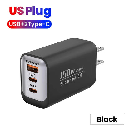 150W Fast Charger 3 Ports USB C PD3.0 QC3.0 Super Fast Wall Adapter for iPhone 17 16 Pro Samsung S24 Xiaomi 15 Huawei EU UK US