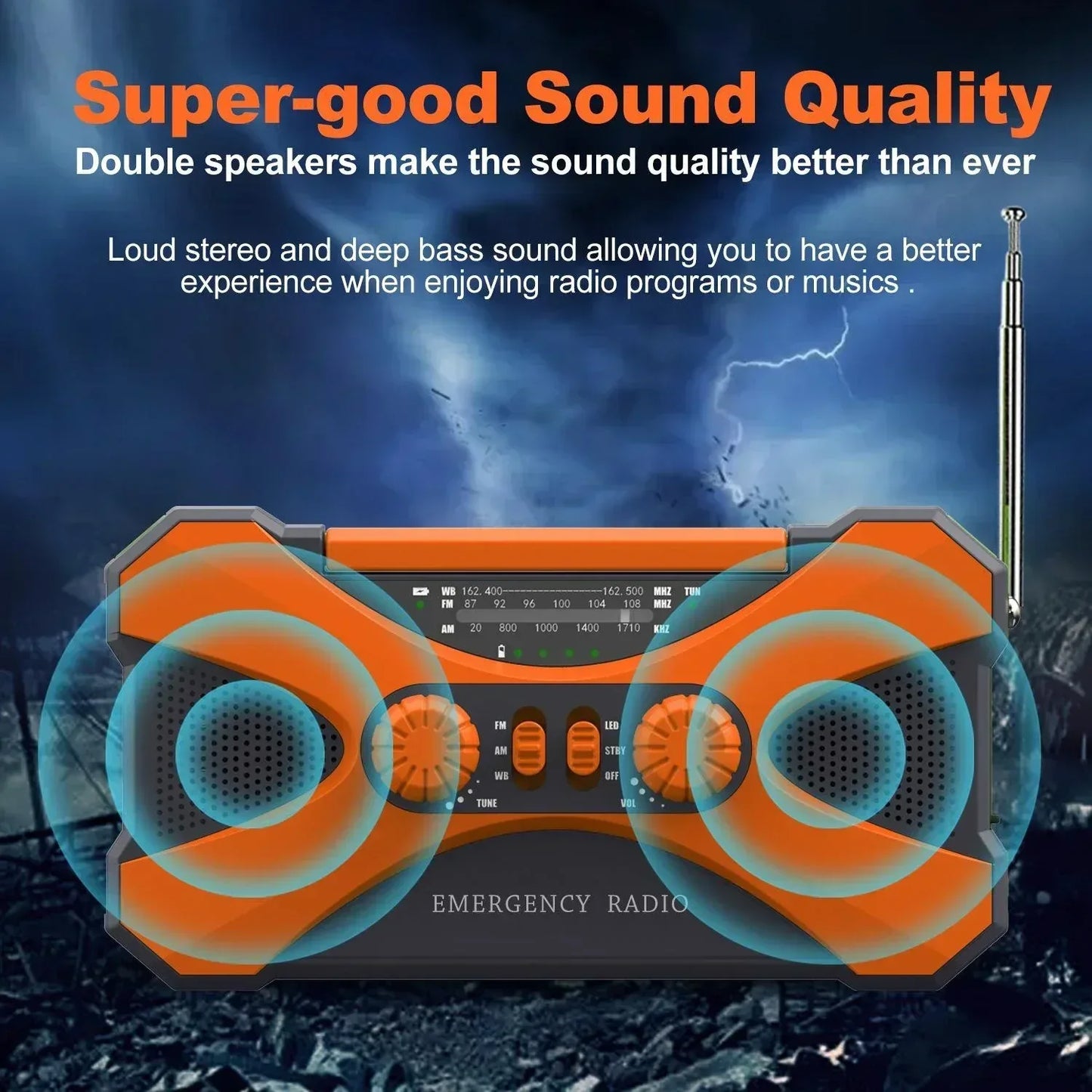 Multifunctional 10000mAh Solar Crank Radio  AM/FM/NOAA Weather Alert, Dual Stereo Speakers, Phone Charger, LED Torch & SOS Alarm
