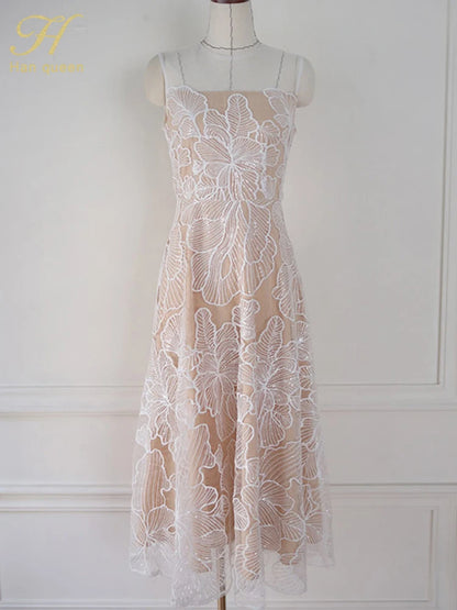Fashion Slim O-Neck Long Party Casual Dress Hot Sale Summer Dresses Korean Retro Sleeveless Mesh Embroidery Vestidos
