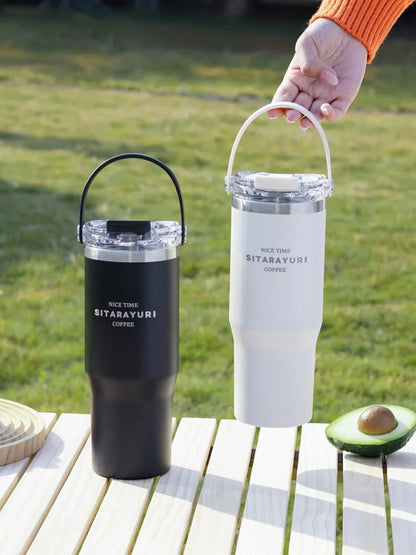 JUSTINLAU 600/900ml Insulated Cups Stainless Steel Double-drinking Thermos Cup with Handle& Straw Sports Bottle Car Ice Tumbler