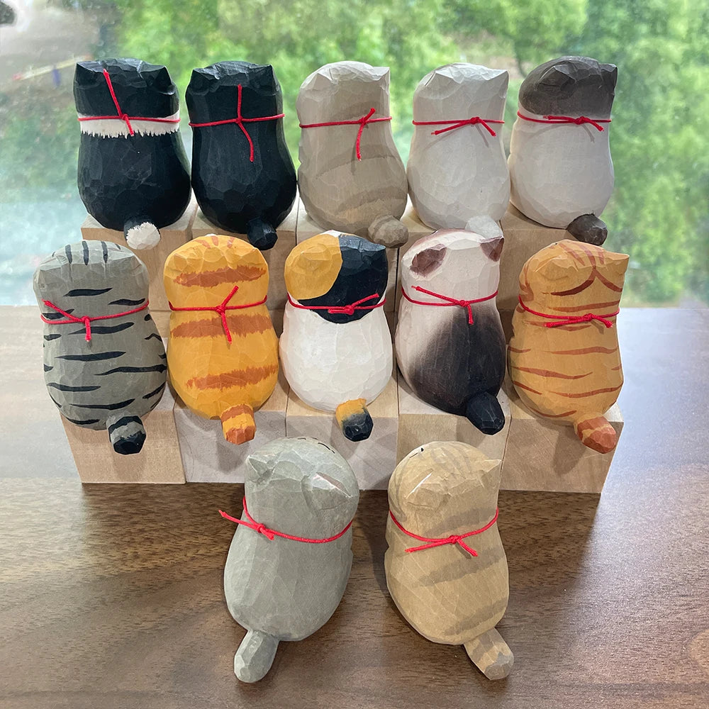 Cute Cat Animals Figurine Decorative Wooden  Ornament Kitten Statue Calico Golden gradient cat Home Office Desk Car Decor Gift