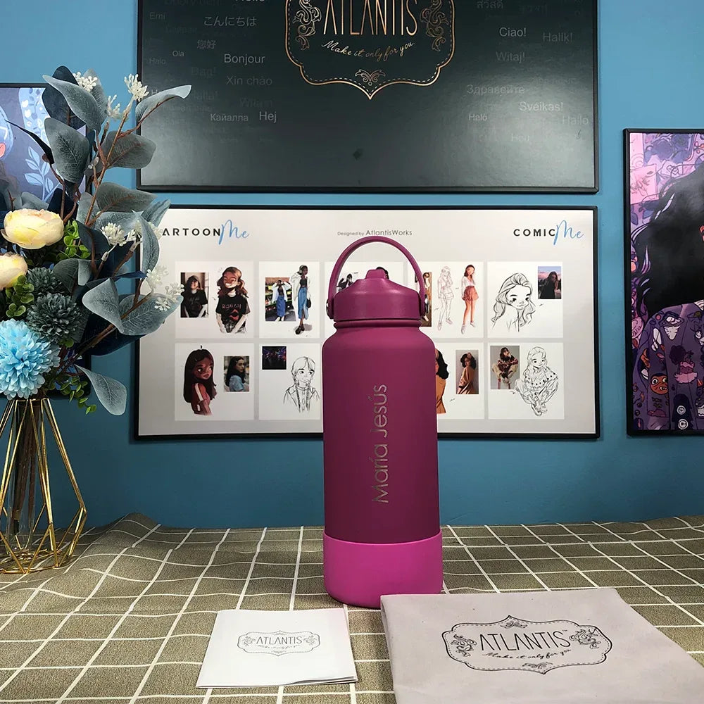 PuraCool Personalised Water Bottle 650ml/22oz Insulated Thermos Customised Tumbler Flask with Straw