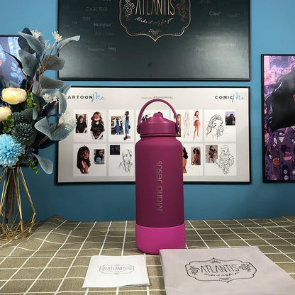 PuraCool Personalised Water Bottle 650ml/22oz Insulated Thermos Customised Tumbler Flask with Straw