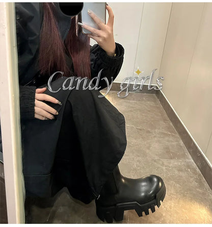 Retro Chelsea Mid-Calf for Women 2024 New round Toe Muffin Gear Platform Black Mid-Calf Length Motorcycle Boots