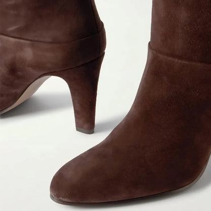 Autumn and Winter Women's Thick High-heeled Knee High Boots, Round Headed Cowhide Suede Fashionable Women's Plus Size Boots