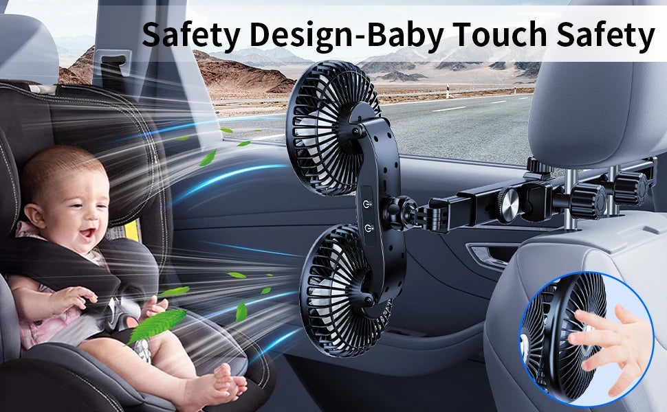 Eary Car Dual Head Fan Mount Back Seat With 3 Wind Speeds 360 Multi-Angle Adjustable Summer Air Cooling Fan With 2 Hidden Hooks