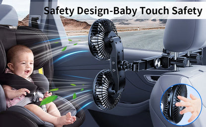 Eary Car Dual Head Fan Mount Back Seat With 3 Wind Speeds 360 Multi-Angle Adjustable Summer Air Cooling Fan With 2 Hidden Hooks
