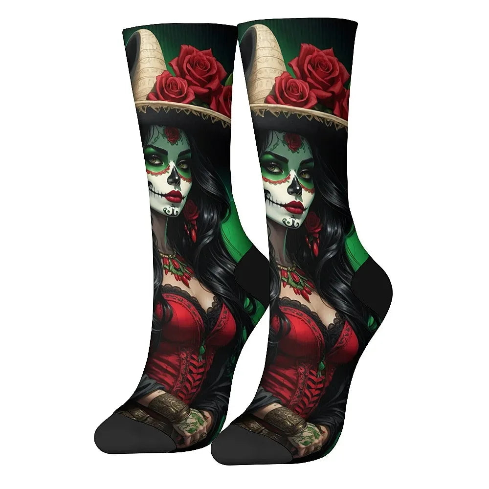 Mens Art Day of the Dead Themed Socks Mexican Grim Reaper Vintage Floral Design Soft Breathable Crew Socks Novelty Holiday Gift