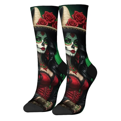 Mens Art Day of the Dead Themed Socks Mexican Grim Reaper Vintage Floral Design Soft Breathable Crew Socks Novelty Holiday Gift