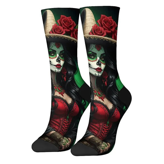 Mens Art Day of the Dead Themed Socks Mexican Grim Reaper Vintage Floral Design Soft Breathable Crew Socks Novelty Holiday Gift