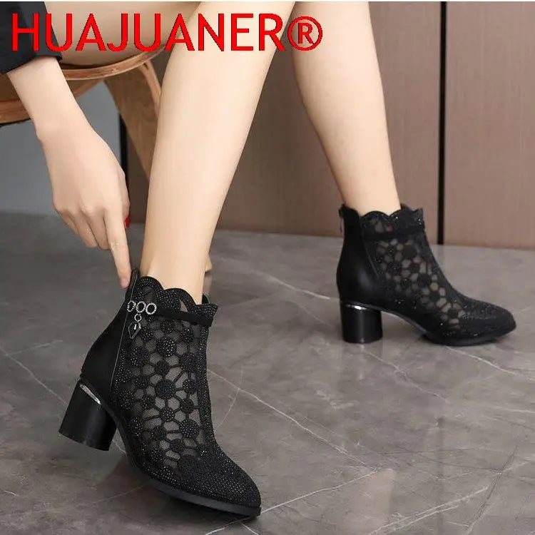 2025 Spring Summer Fashion Rhinestones Gauze Sandals Thick Heels Mesh Autumn Ankle Boots Female Hollow Women's Shoes