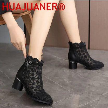 2025 Spring Summer Fashion Rhinestones Gauze Sandals Thick Heels Mesh Autumn Ankle Boots Female Hollow Women's Shoes