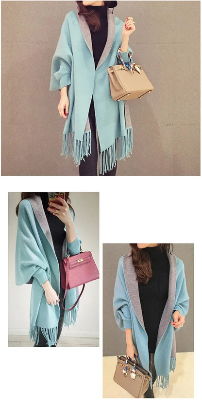 Autumn Winter Tassel Long Sweater Cardigans Casual Korean Long Sleeve Cloak Patchwork Knitwear Coats Outwaer LMFS-LM-8015