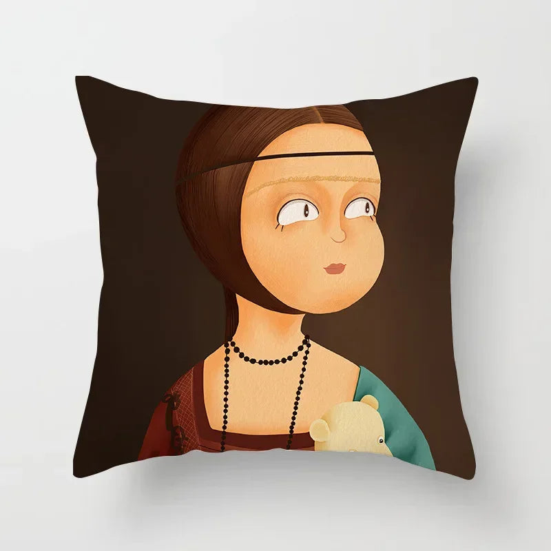 Creative Cartoon Oil Painting Mona Lisa Van Gogh Cushion Cover Portrait Painting Throw Pillow Case Cojines Decorativos Para Sofa