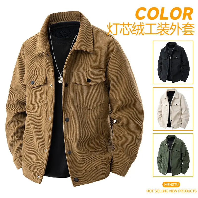Spring and Autumn men's corduroy lapel jacket 2025 men's new American retro brand loose and handsome multi-pocket cargo jacket