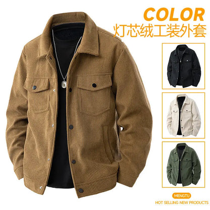 Spring and Autumn men's corduroy lapel jacket 2025 men's new American retro brand loose and handsome multi-pocket cargo jacket