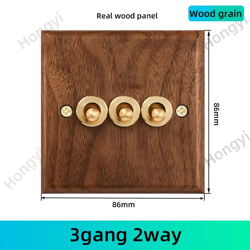 Black walnut retro European retro wall lamp switch socket, solid wood brass toggle switch board 1-4Gang 2Way antique home switch