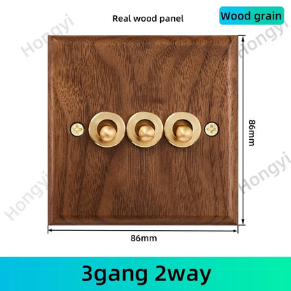 Black walnut retro European retro wall lamp switch socket, solid wood brass toggle switch board 1-4Gang 2Way antique home switch