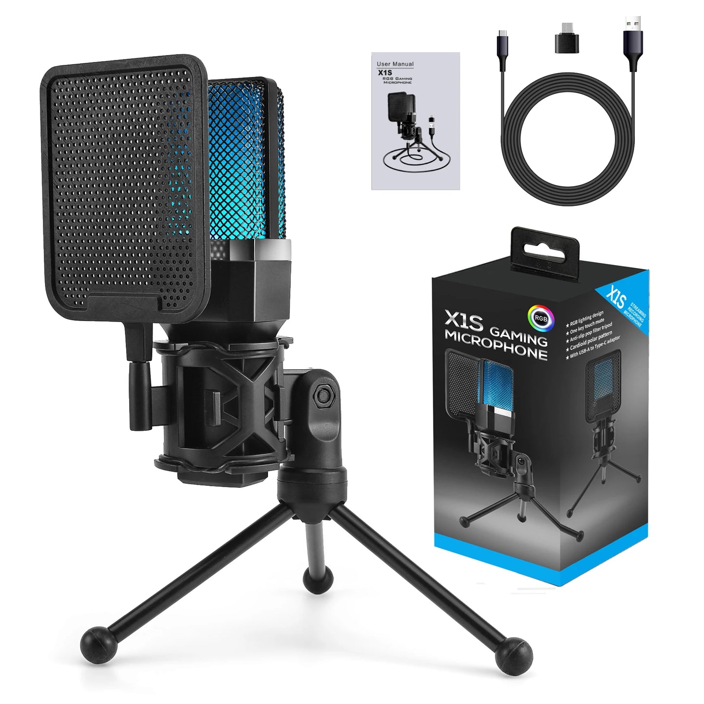 Professional Microphone Condenser Gaming Mic PC Laptop Computer USB Wired Streaming Studio Podcast Mike Kit Gamer RGB PC Karaoke