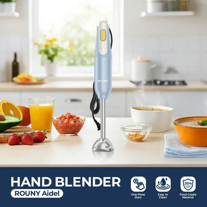 ROUNY Handheld Immersion Blender with Stainless Steel Blades for Kitchen Food Mixing, Light Blue Stick Blender, Classic Basic