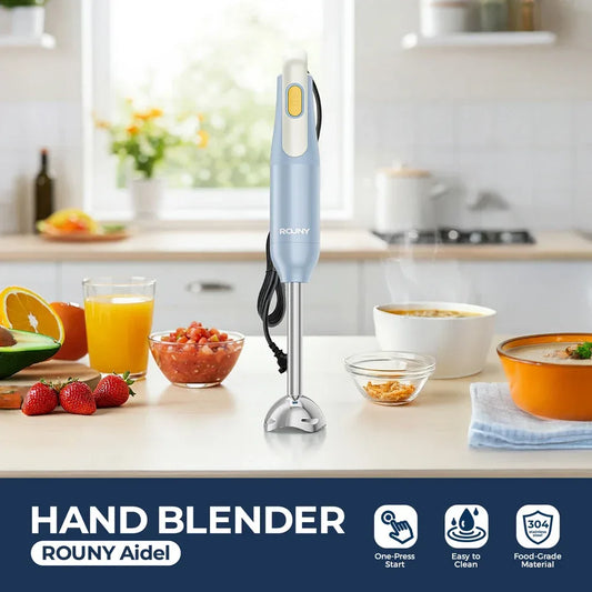 ROUNY Handheld Immersion Blender with Stainless Steel Blades for Kitchen Food Mixing, Light Blue Stick Blender, Classic Basic