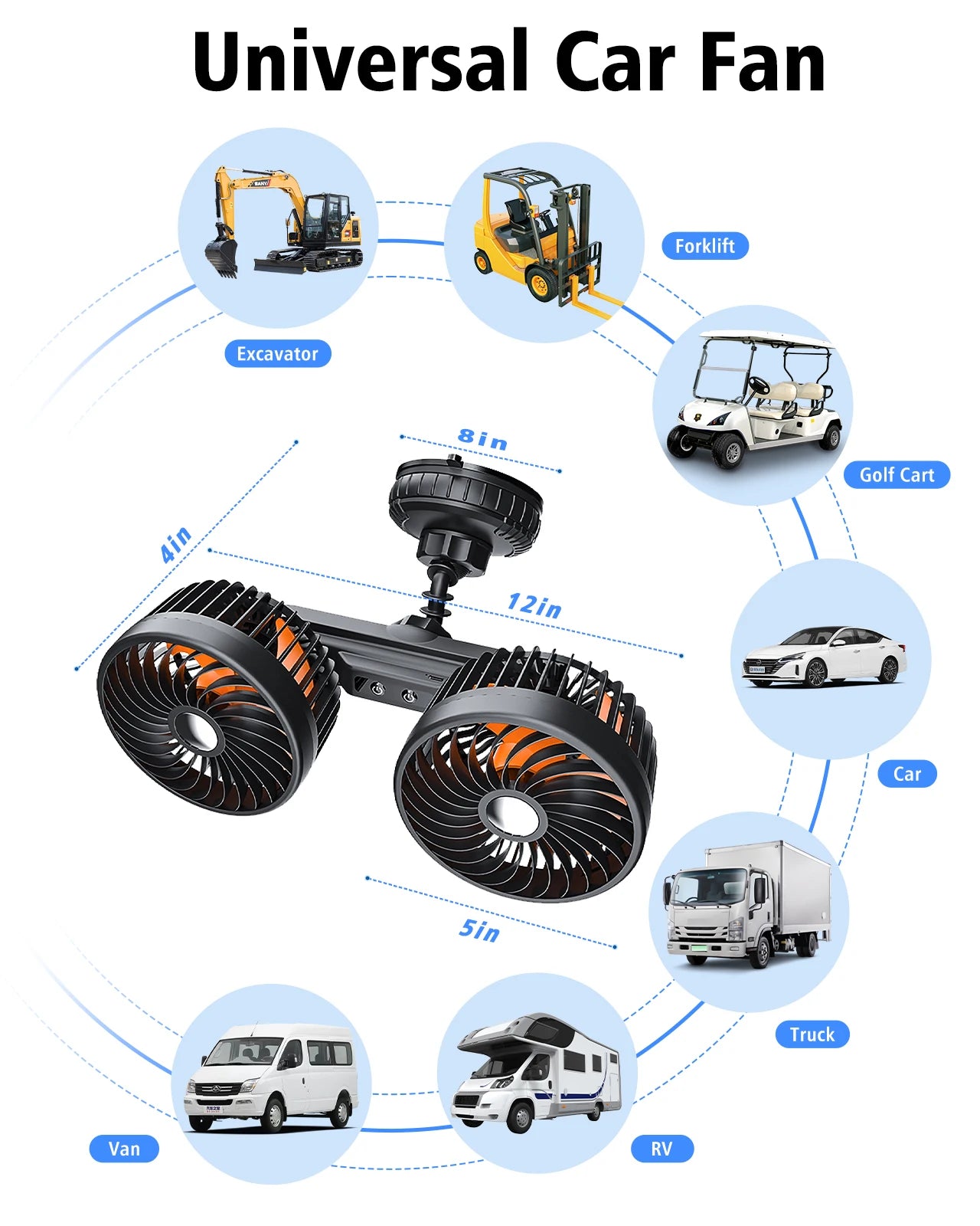 Eary Car Suction Cup Dual-Head Fan 12V/24V 360°Rotatable with 4000mAh Battery 3 Speed Wind Universal Electric for Truck Van Suv