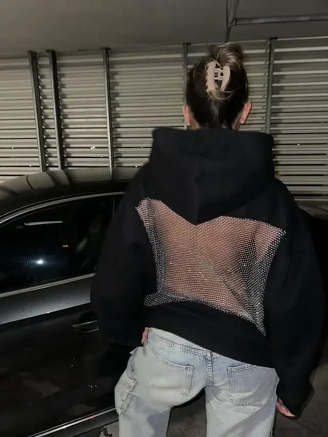 Russias Hot Selling Sexy Backless Sparkling Rhinestone Mesh Hoodie Y2K Womens Harajuku Fashion Oversized Hoodie Pullover Tops