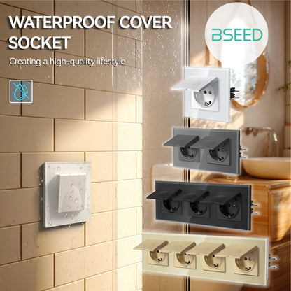 BSEED EU Standard Wall Electric Socket With Cover 16A Bathroom Power Sockets Outdoor Outlet Waterproof Glass Panels E Series