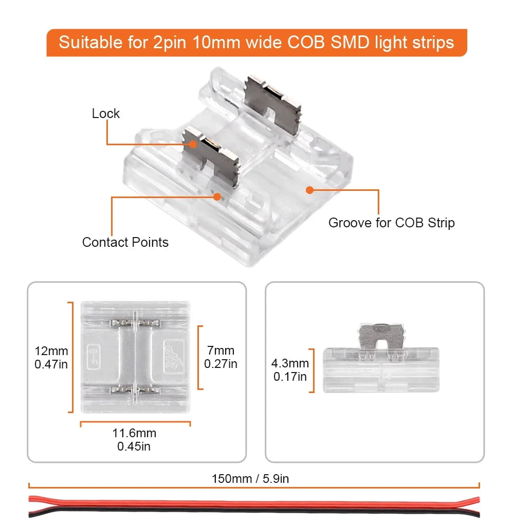 12pcs Solderless LED Connector Transparent 4 in 1 DIY Connectors with 15cm Wire For 2pin 8mm 10mm COB SMD LED Strip Lights