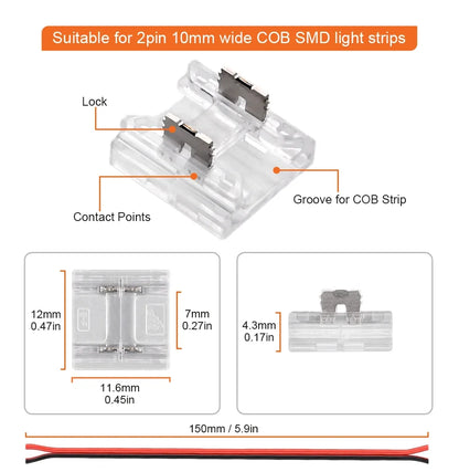 12pcs Solderless LED Connector Transparent 4 in 1 DIY Connectors with 15cm Wire For 2pin 8mm 10mm COB SMD LED Strip Lights
