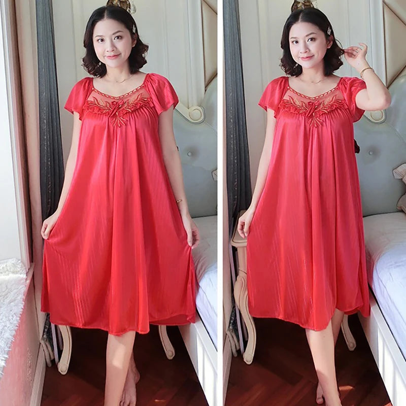 Women's Nightdress Loungewear Ladies Ice Silk Nightgowns Sleeping Dress Medium Length Short Sleeve Home Wear Pyjama Sleepwear